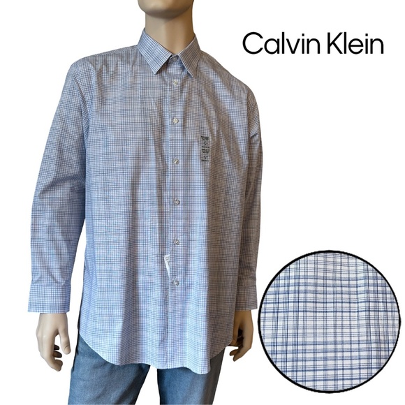 Calvin Klein Dress Shirt Cotton Long Sleeve Steel + Wrinkle Free Regular Fit - Picture 1 of 14